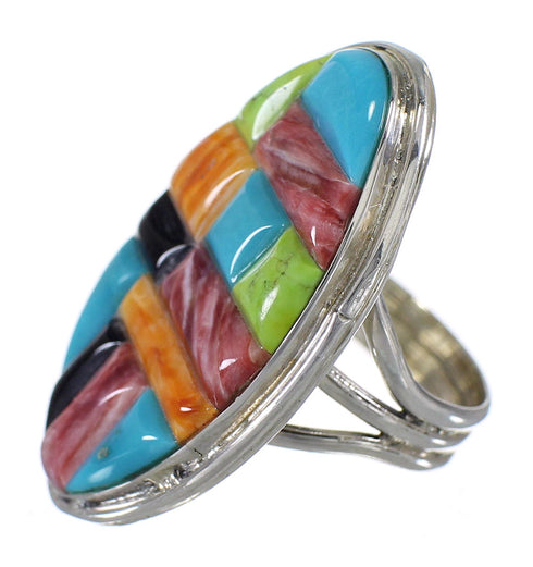 Multicolor Inlay Sterling Silver Southwest Ring Size 6-3/4 WX82083